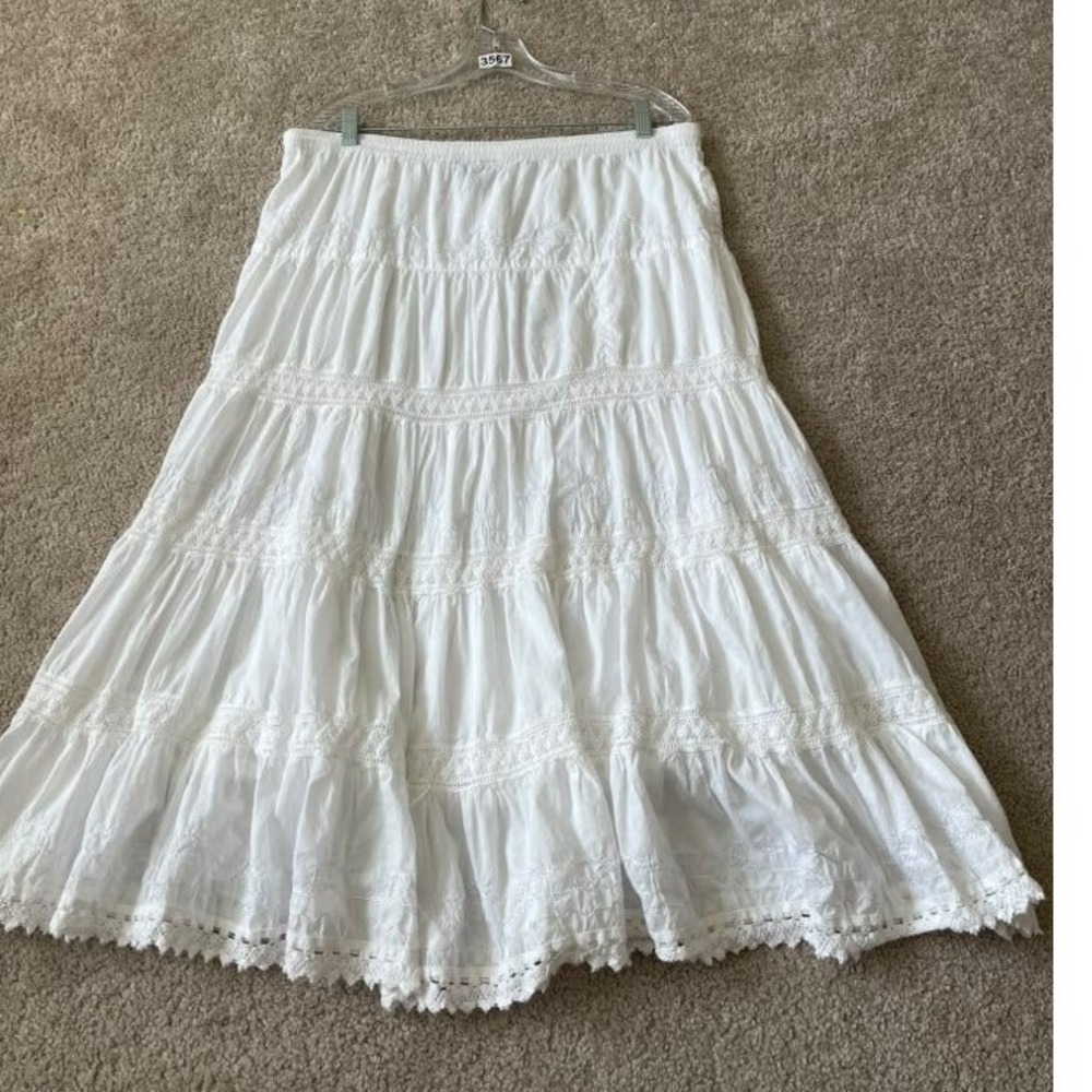 I.N. Studio Petite White Cotton Tiered Eyelet Lace Maxi Skirt PL Boho Cottage
